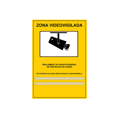 Cartell LOPD/RGPD videovigilancia personalitzat 20x14cm A5 catal autoadhesiu